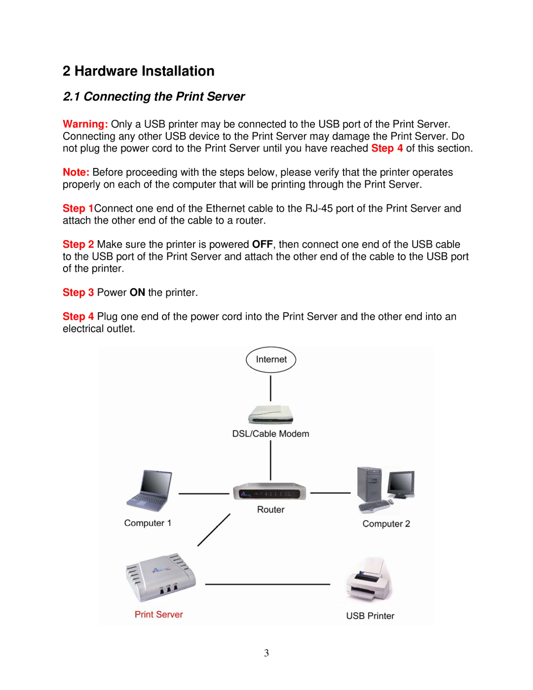 Airlink101 APSUSB211 user manual Hardware Installation, Connecting the Print Server 