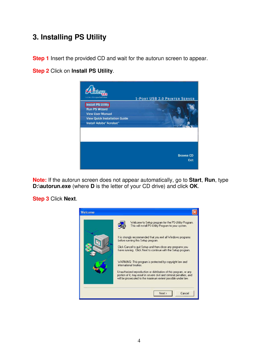 Airlink101 APSUSB211 user manual Installing PS Utility 