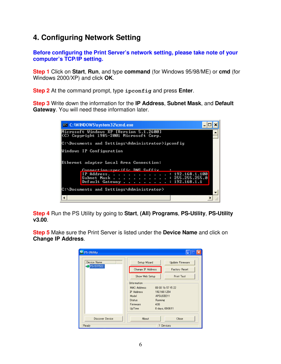 Airlink101 APSUSB211 user manual Configuring Network Setting 