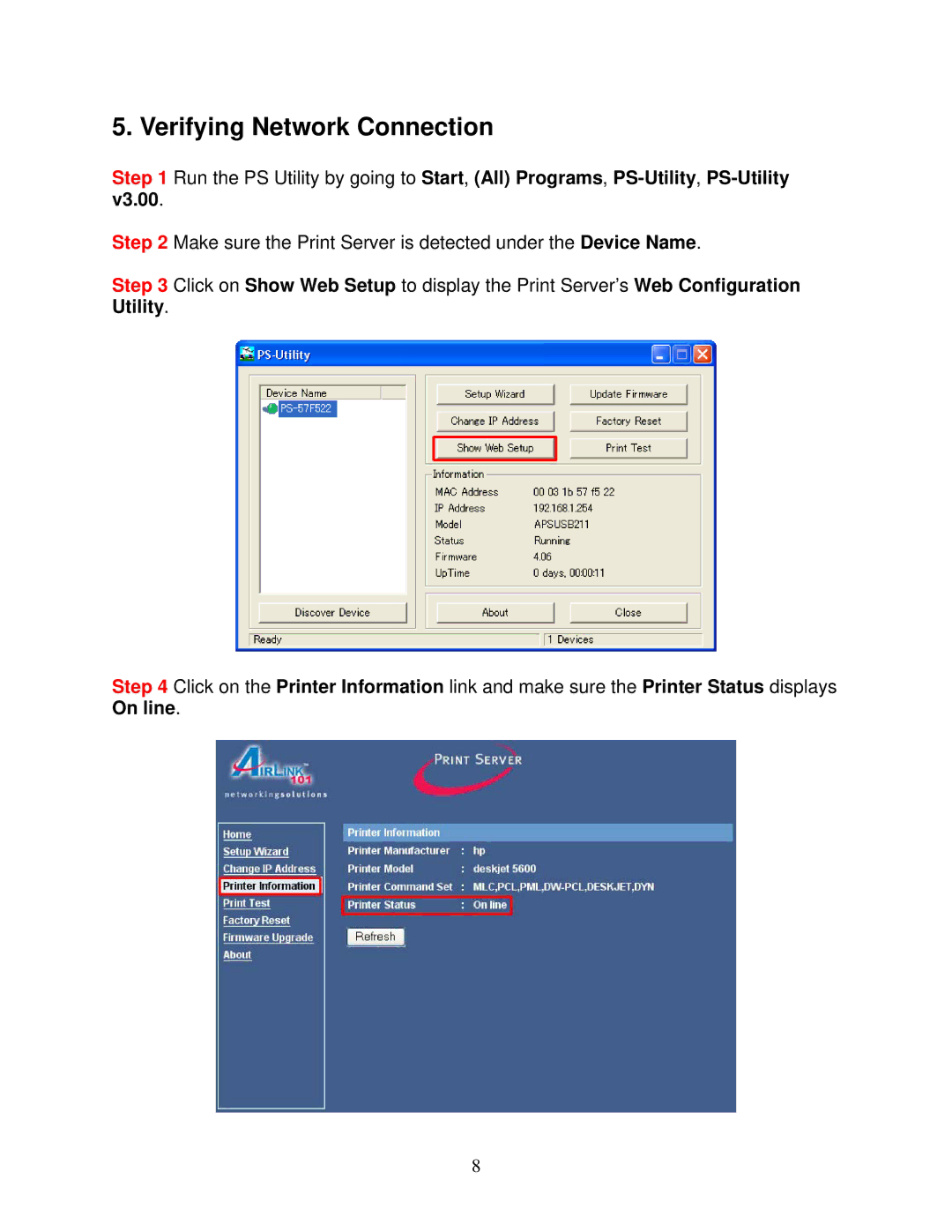 Airlink101 APSUSB211 user manual Verifying Network Connection 