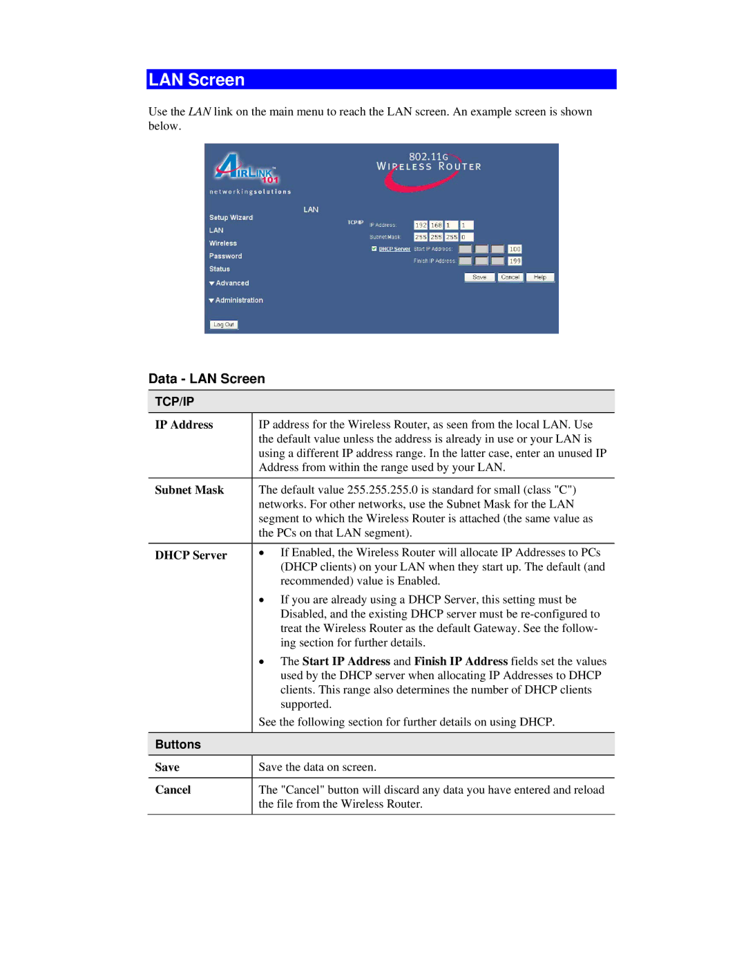 Airlink101 AR315W user manual Data LAN Screen, Buttons 