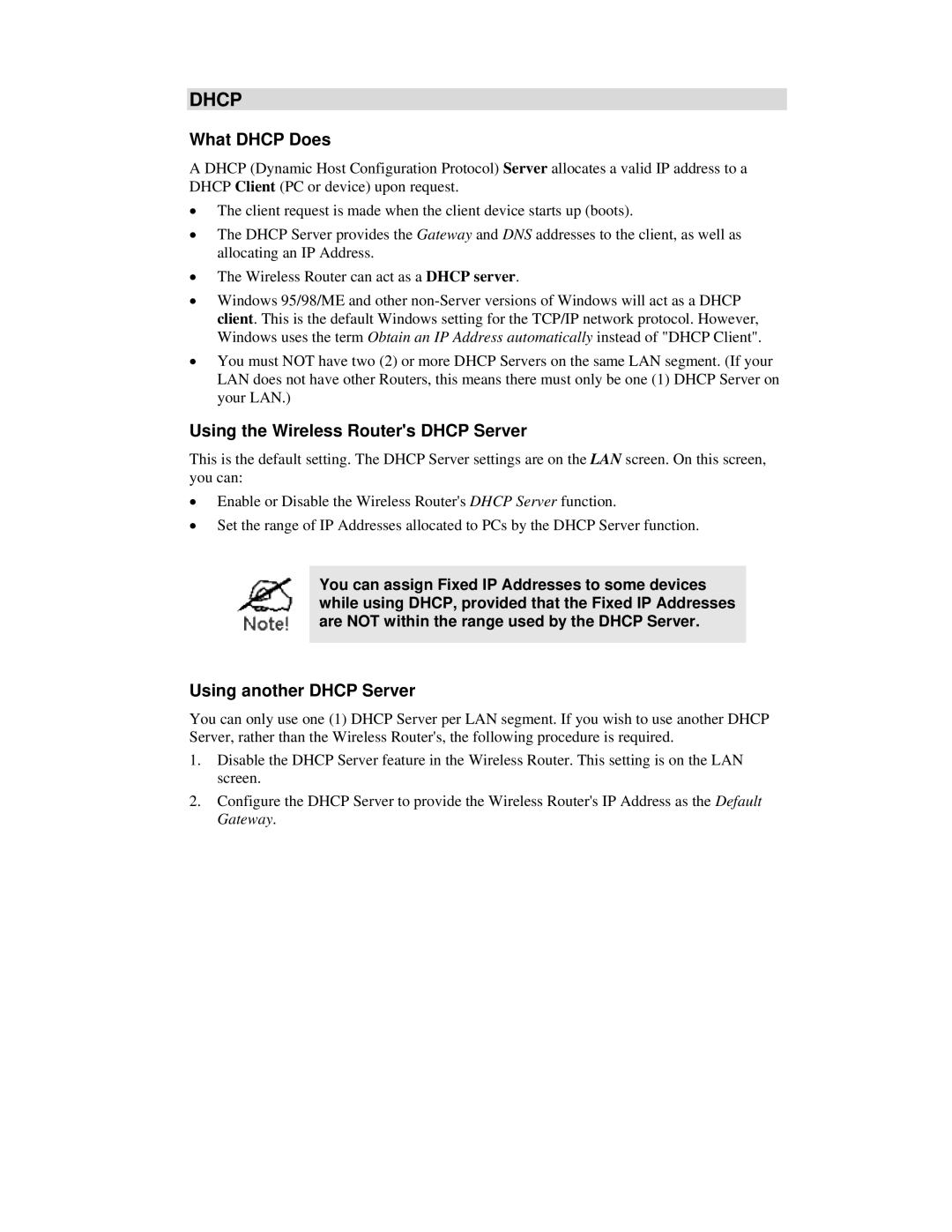 Airlink101 AR315W user manual What Dhcp Does, Using the Wireless Routers Dhcp Server, Using another Dhcp Server 