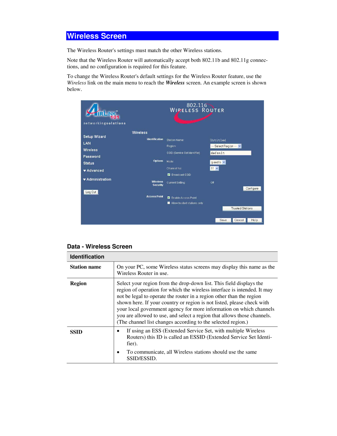 Airlink101 AR315W user manual Data Wireless Screen, Identification, Station name, Region 