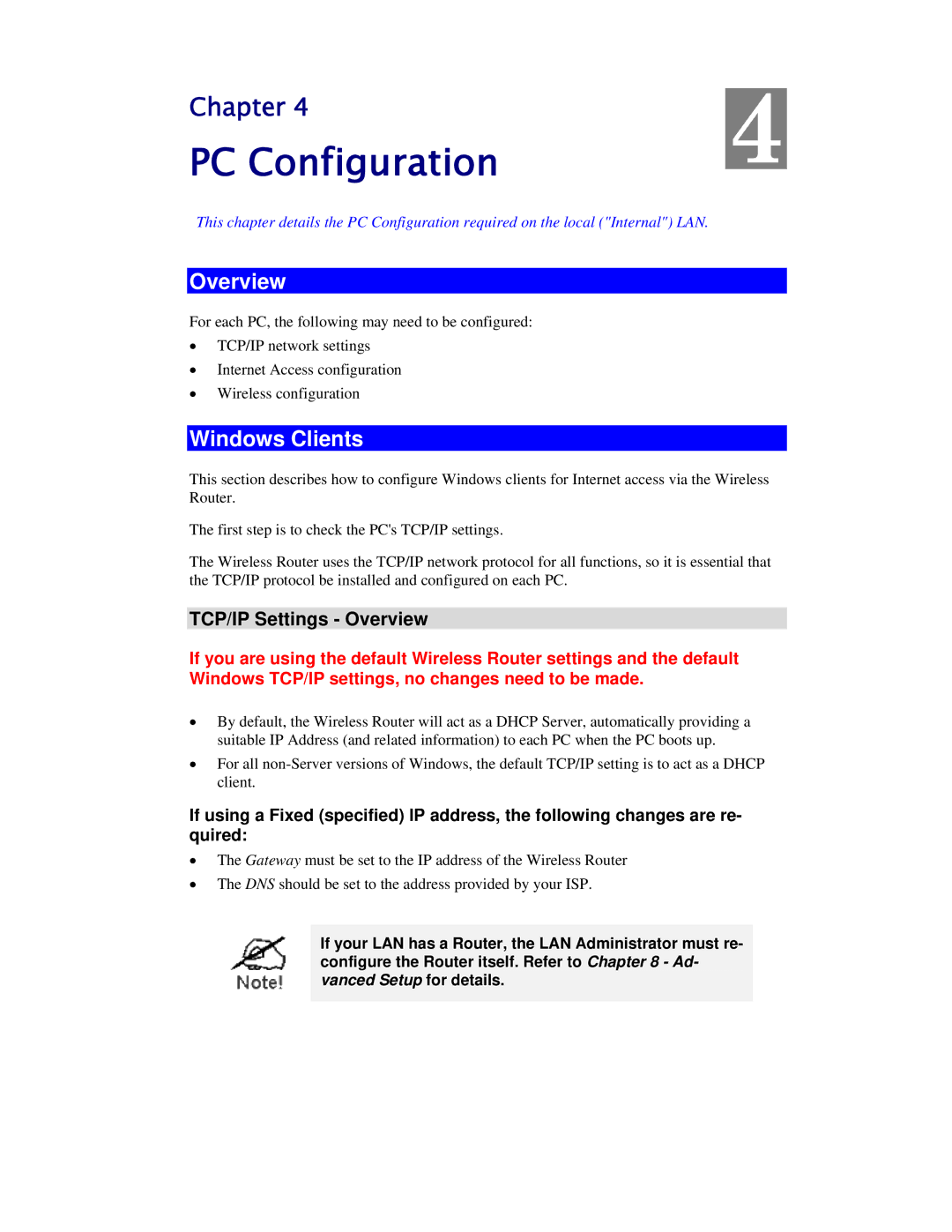 Airlink101 AR315W user manual PC Configuration, Windows Clients, TCP/IP Settings Overview 