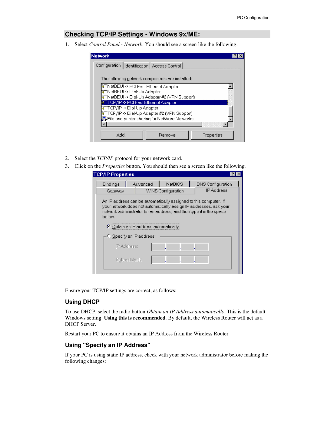 Airlink101 AR315W user manual Checking TCP/IP Settings Windows 9x/ME, Using Dhcp, Using Specify an IP Address 