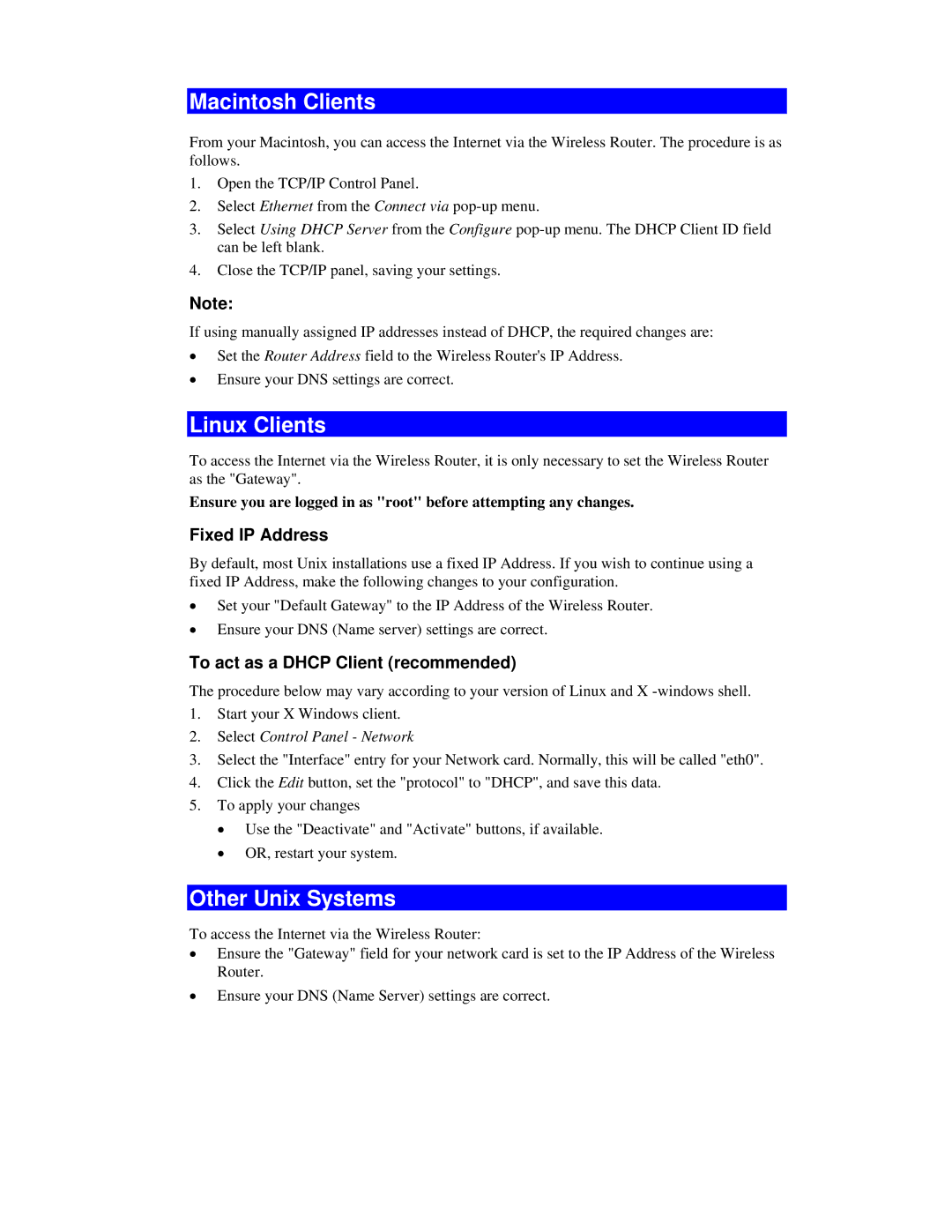 Airlink101 AR315W user manual Macintosh Clients, Linux Clients, Other Unix Systems, Fixed IP Address 