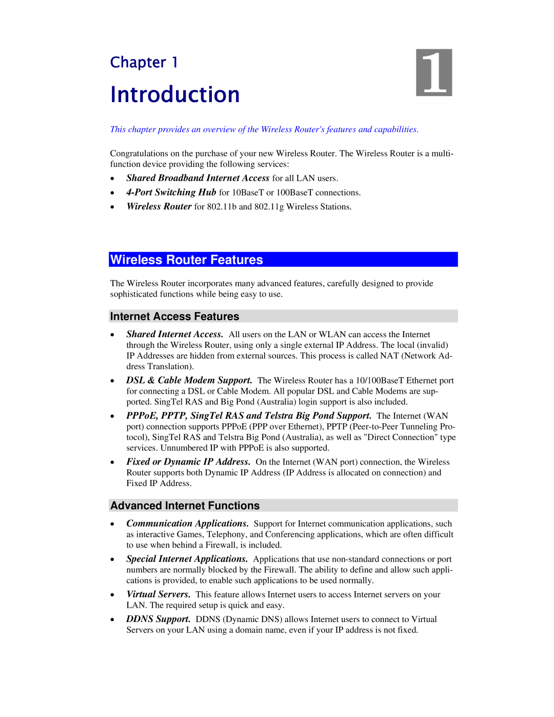 Airlink101 AR315W user manual Introduction, Wireless Router Features, Internet Access Features, Advanced Internet Functions 