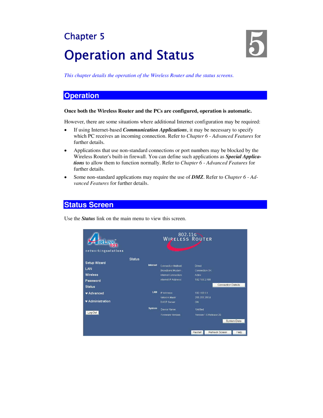 Airlink101 AR315W user manual Operation and Status, Status Screen 