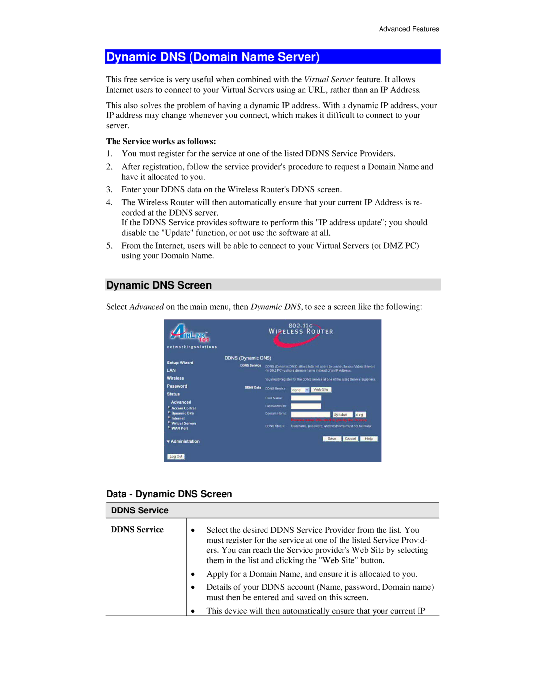 Airlink101 AR315W user manual Dynamic DNS Domain Name Server, Data Dynamic DNS Screen, Ddns Service 