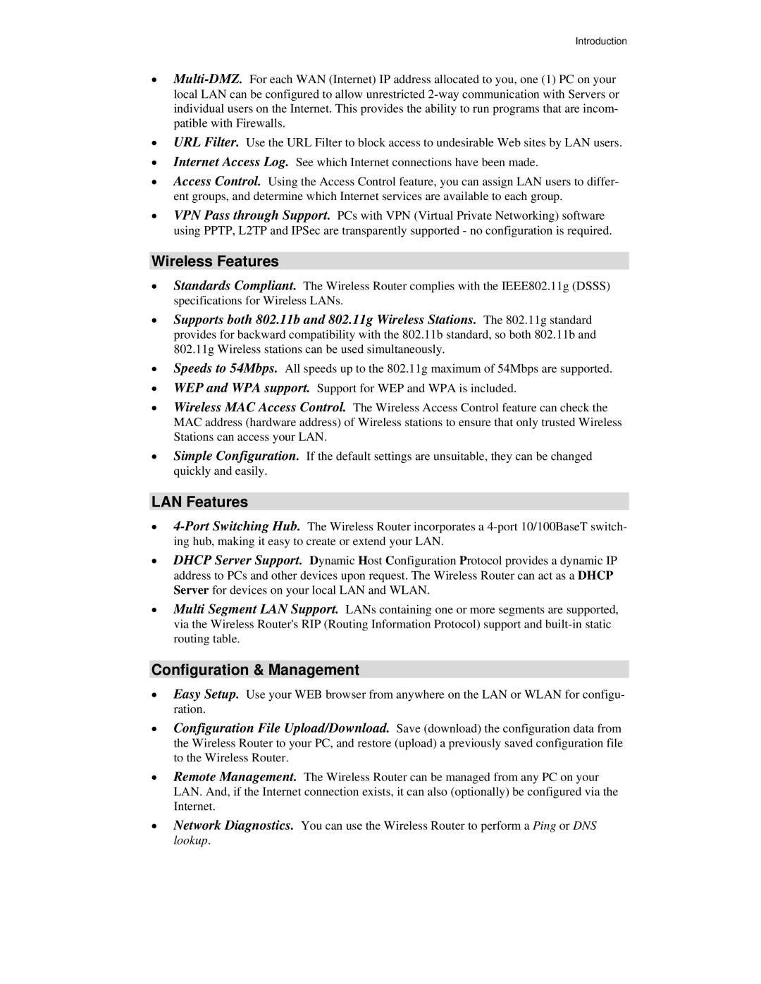 Airlink101 AR315W user manual Wireless Features, LAN Features, Configuration & Management 