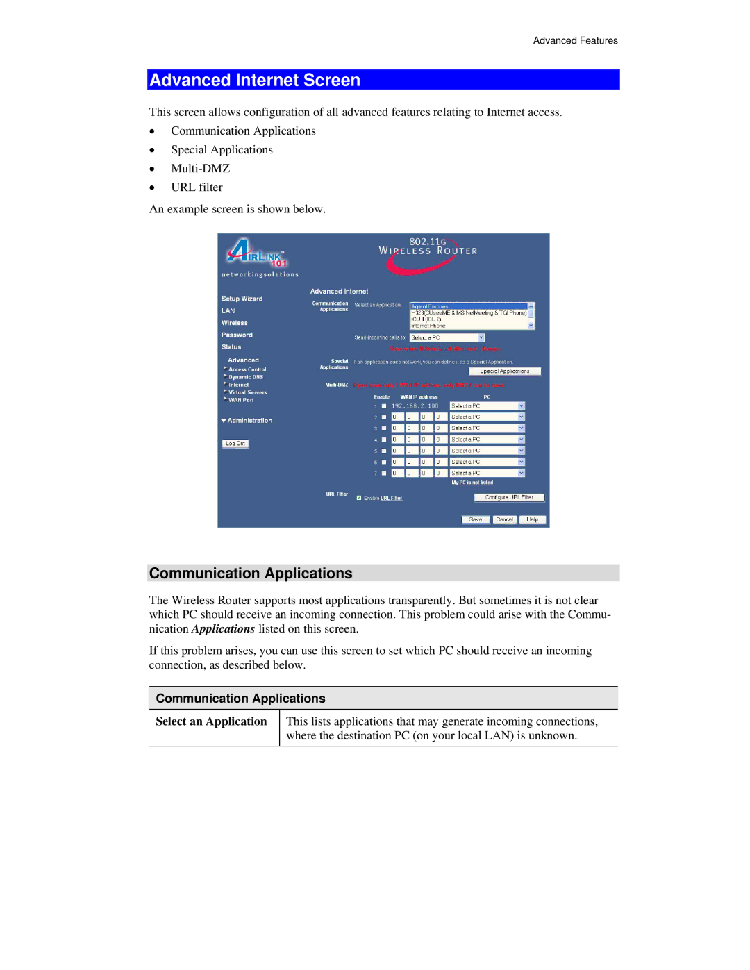 Airlink101 AR315W user manual Advanced Internet Screen, Communication Applications, Select an Application 