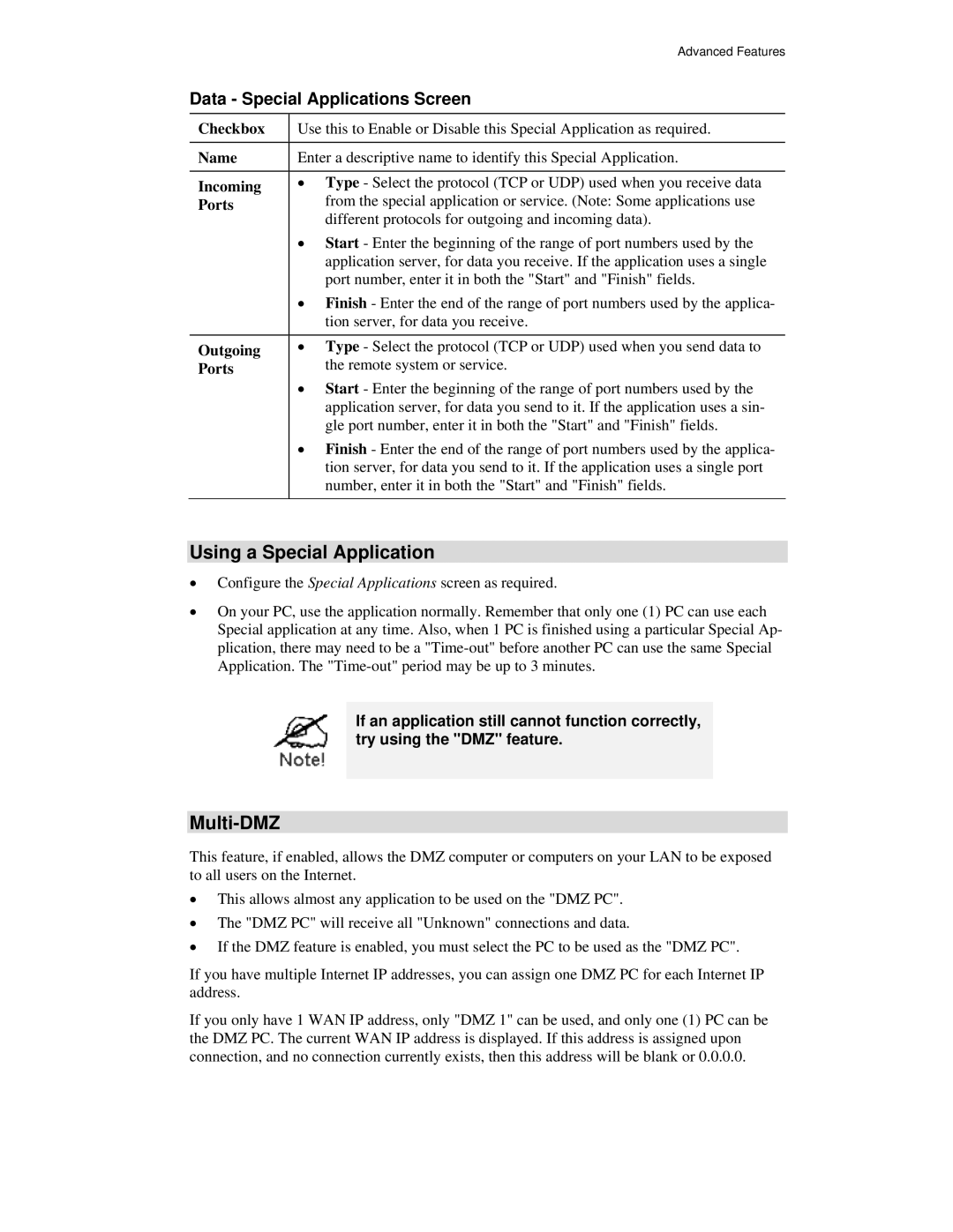 Airlink101 AR315W user manual Using a Special Application, Multi-DMZ, Data Special Applications Screen 