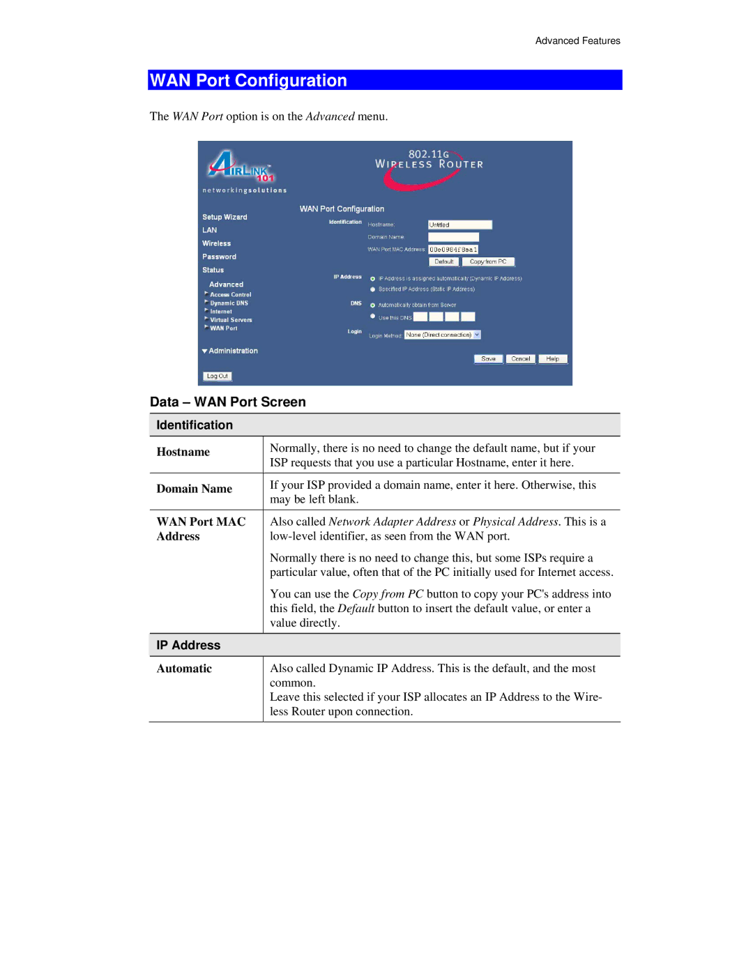 Airlink101 AR315W user manual WAN Port Configuration, Data WAN Port Screen, IP Address 