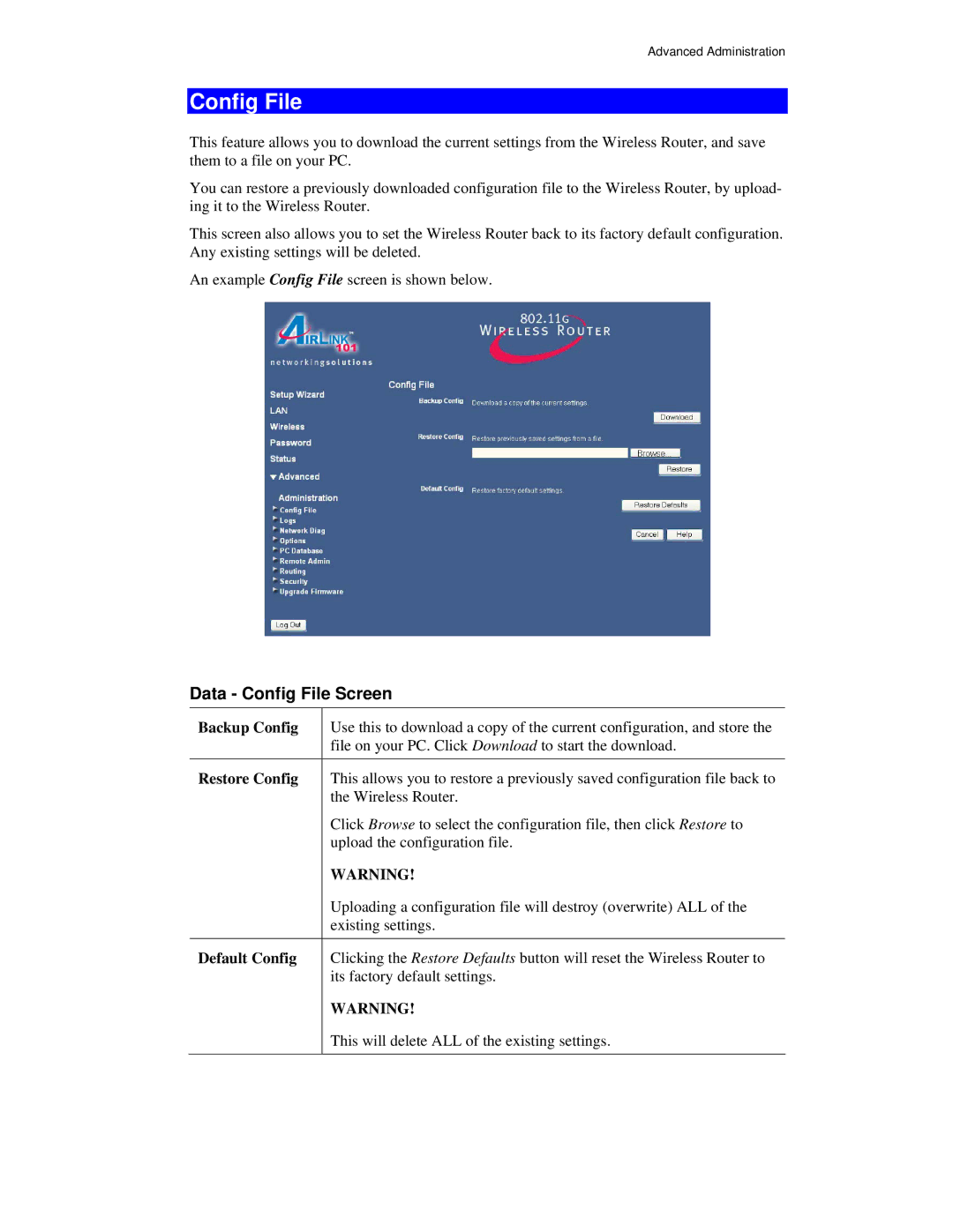 Airlink101 AR315W user manual Data Config File Screen, Backup Config, Restore Config, Default Config 