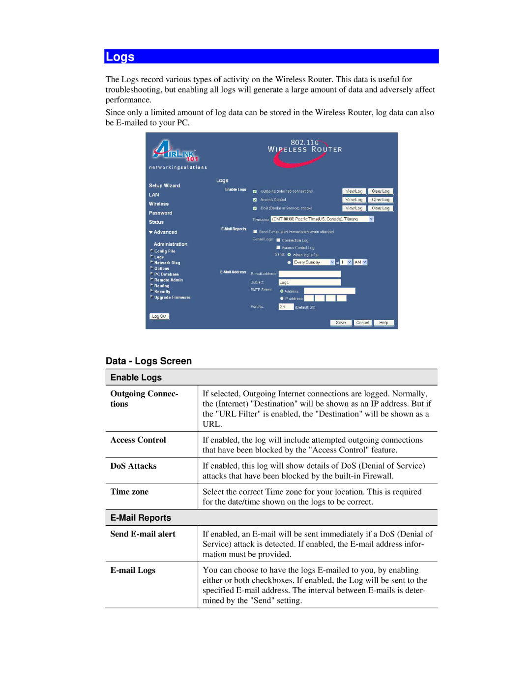 Airlink101 AR315W user manual Data Logs Screen, Enable Logs, Mail Reports 