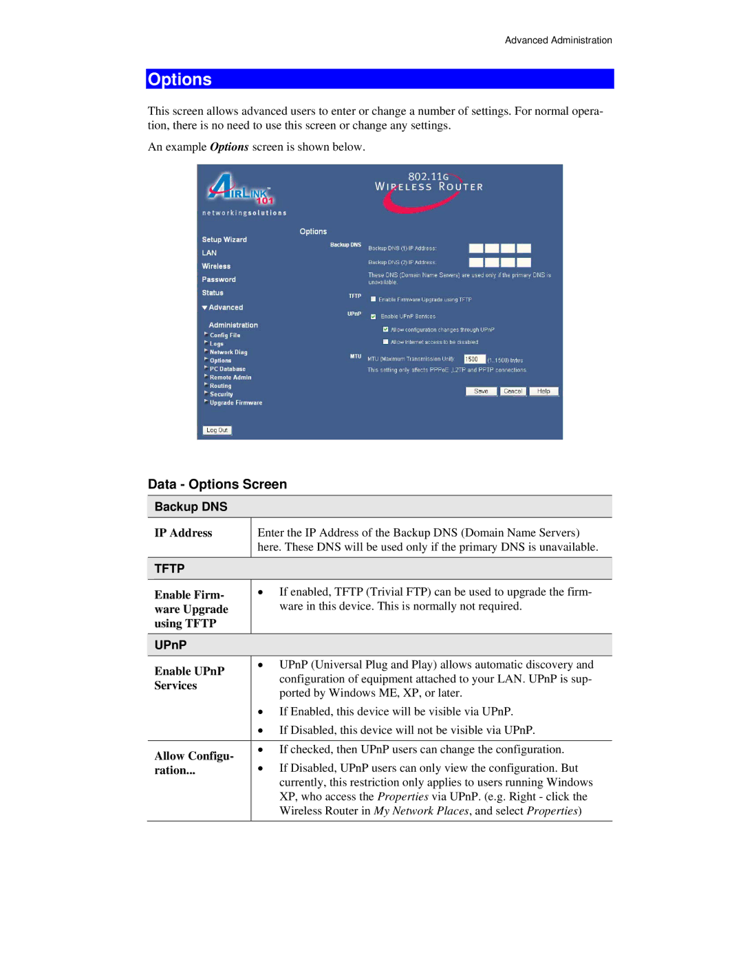 Airlink101 AR315W user manual Data Options Screen, Backup DNS, UPnP 