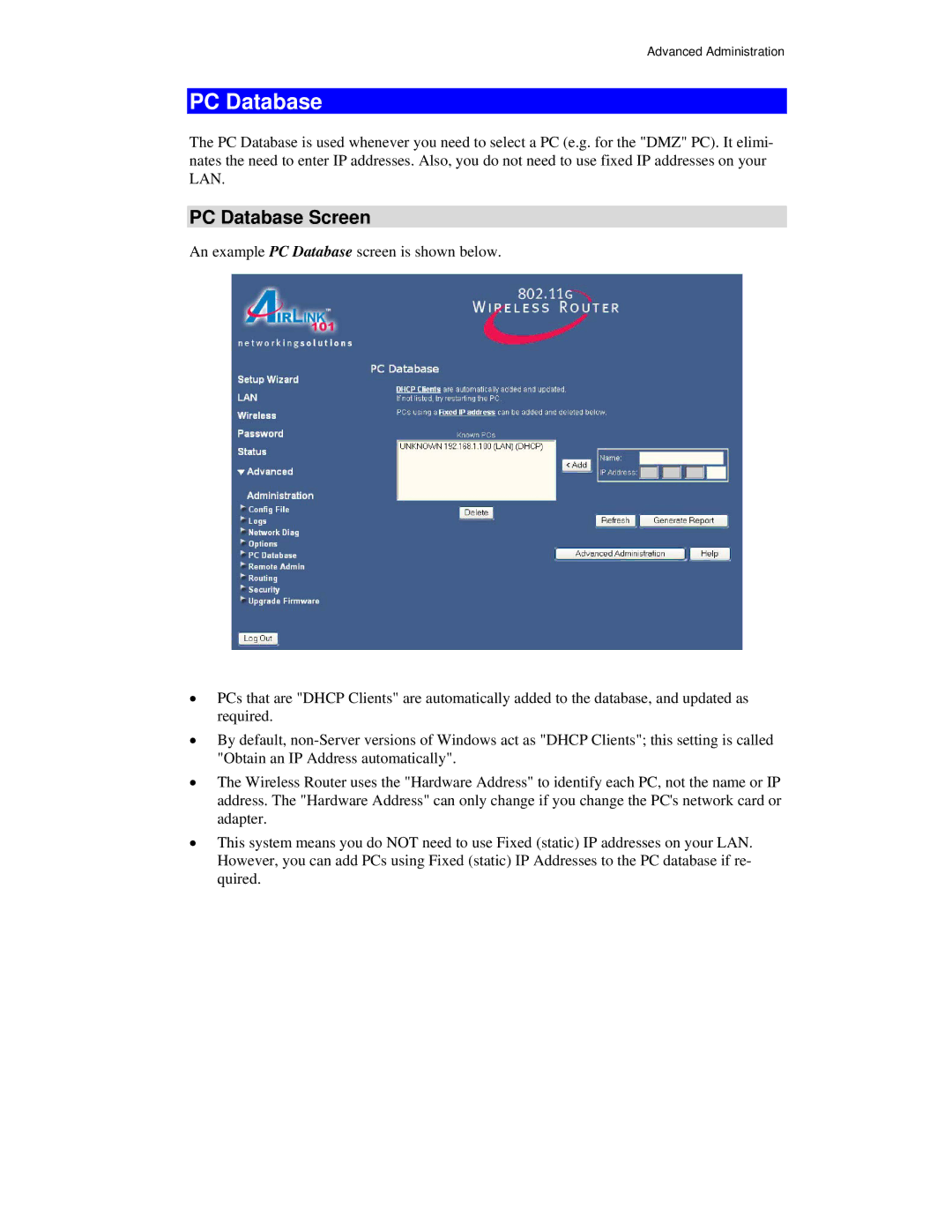 Airlink101 AR315W user manual PC Database Screen 