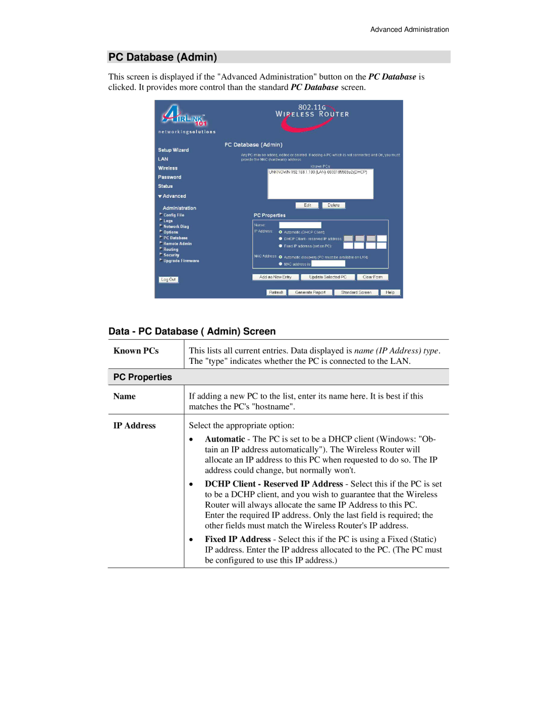 Airlink101 AR315W user manual Data PC Database Admin Screen, PC Properties 