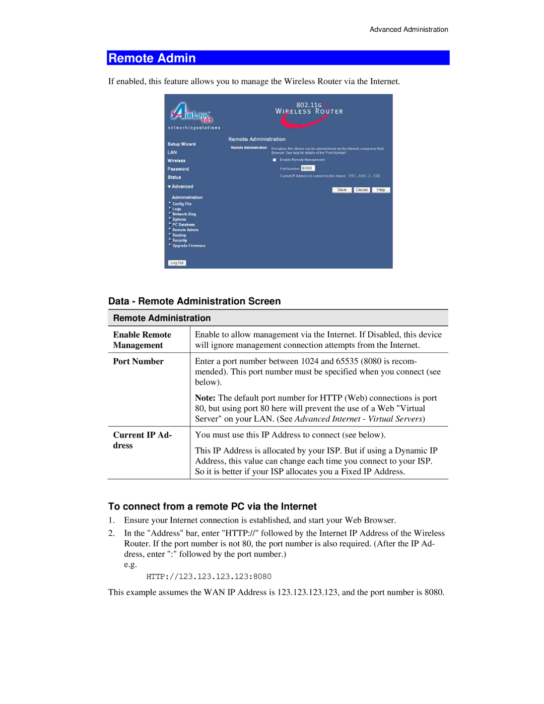 Airlink101 AR315W user manual Data Remote Administration Screen, To connect from a remote PC via the Internet 