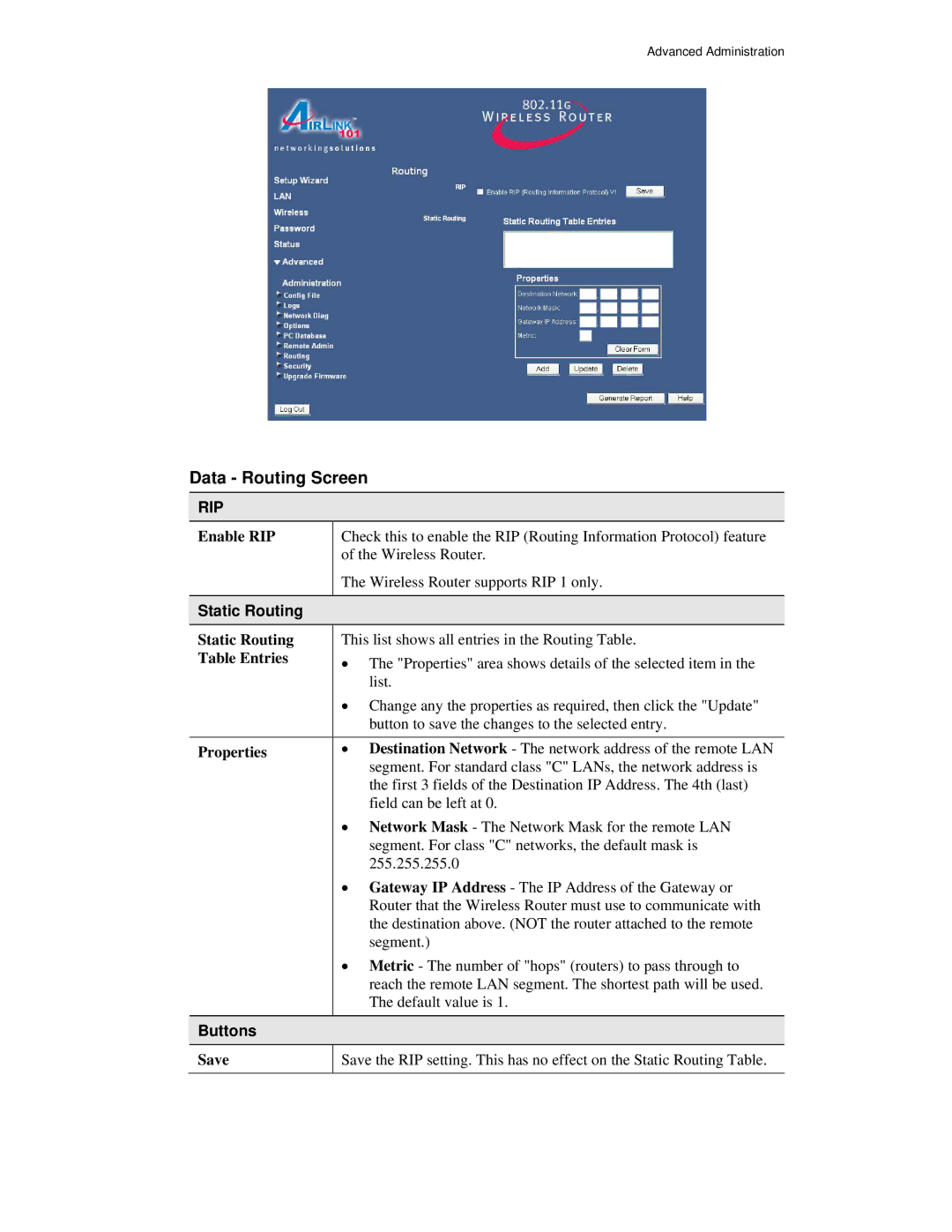 Airlink101 AR315W user manual Data Routing Screen, Static Routing 