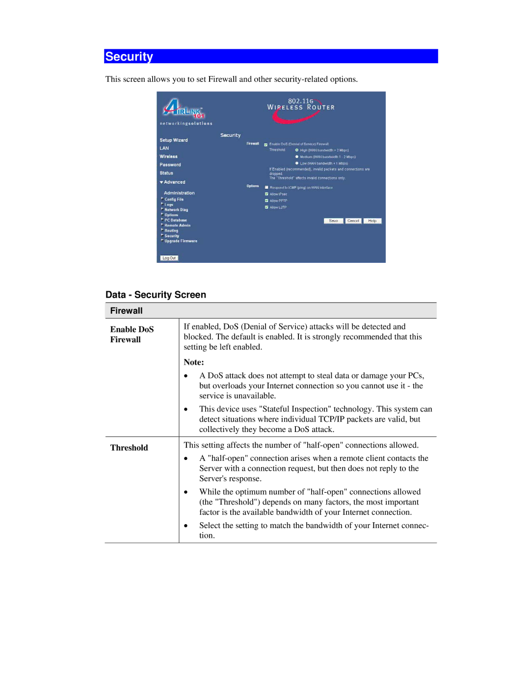 Airlink101 AR315W user manual Data Security Screen, Firewall 