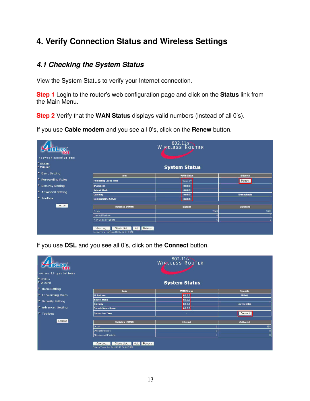 Airlink101 AR325W manual Verify Connection Status and Wireless Settings, Checking the System Status 