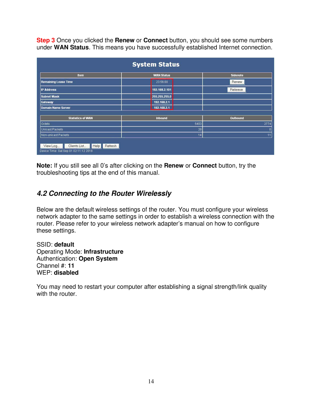 Airlink101 AR325W manual Connecting to the Router Wirelessly, Ssid default, WEP disabled 