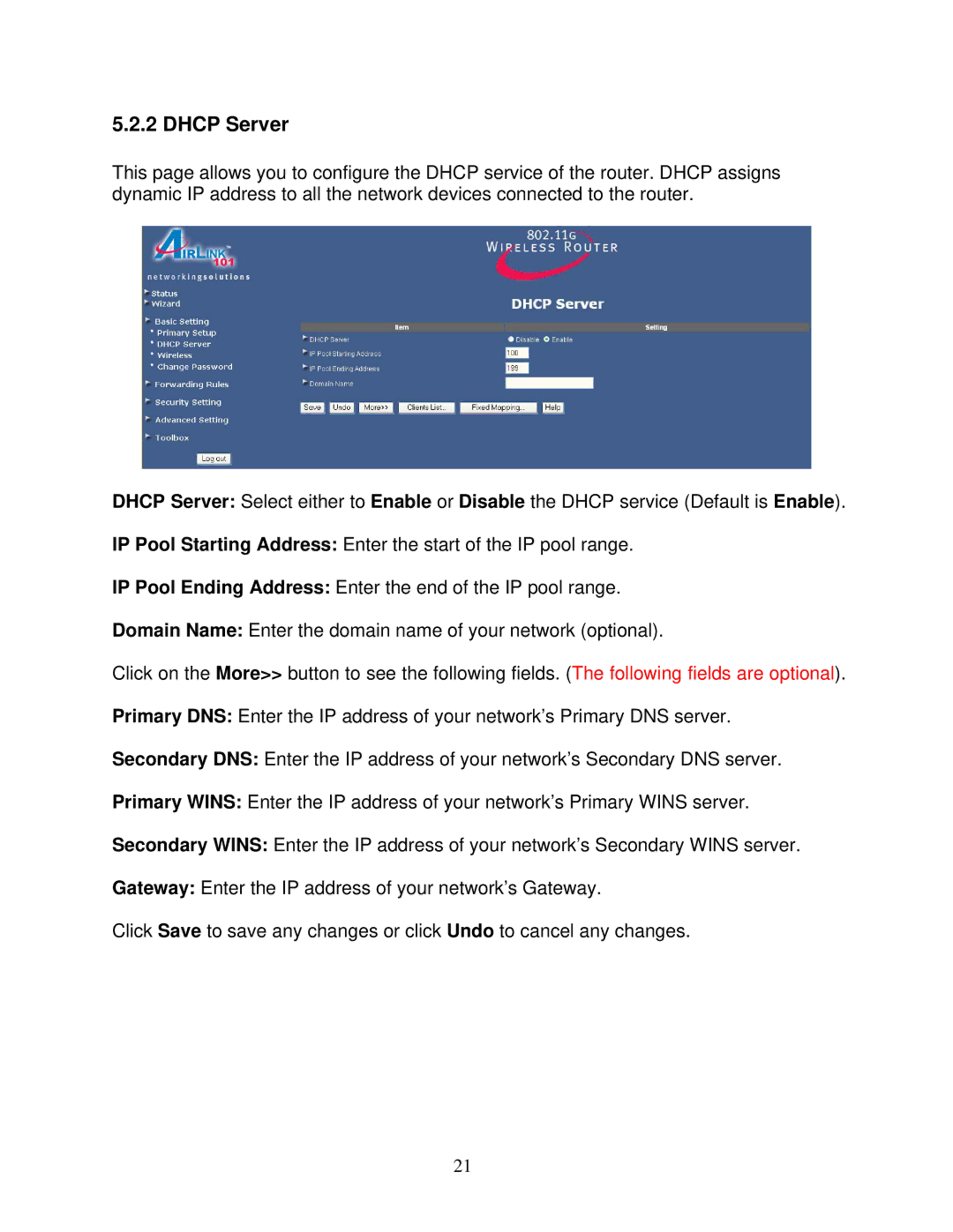 Airlink101 AR325W manual Dhcp Server 