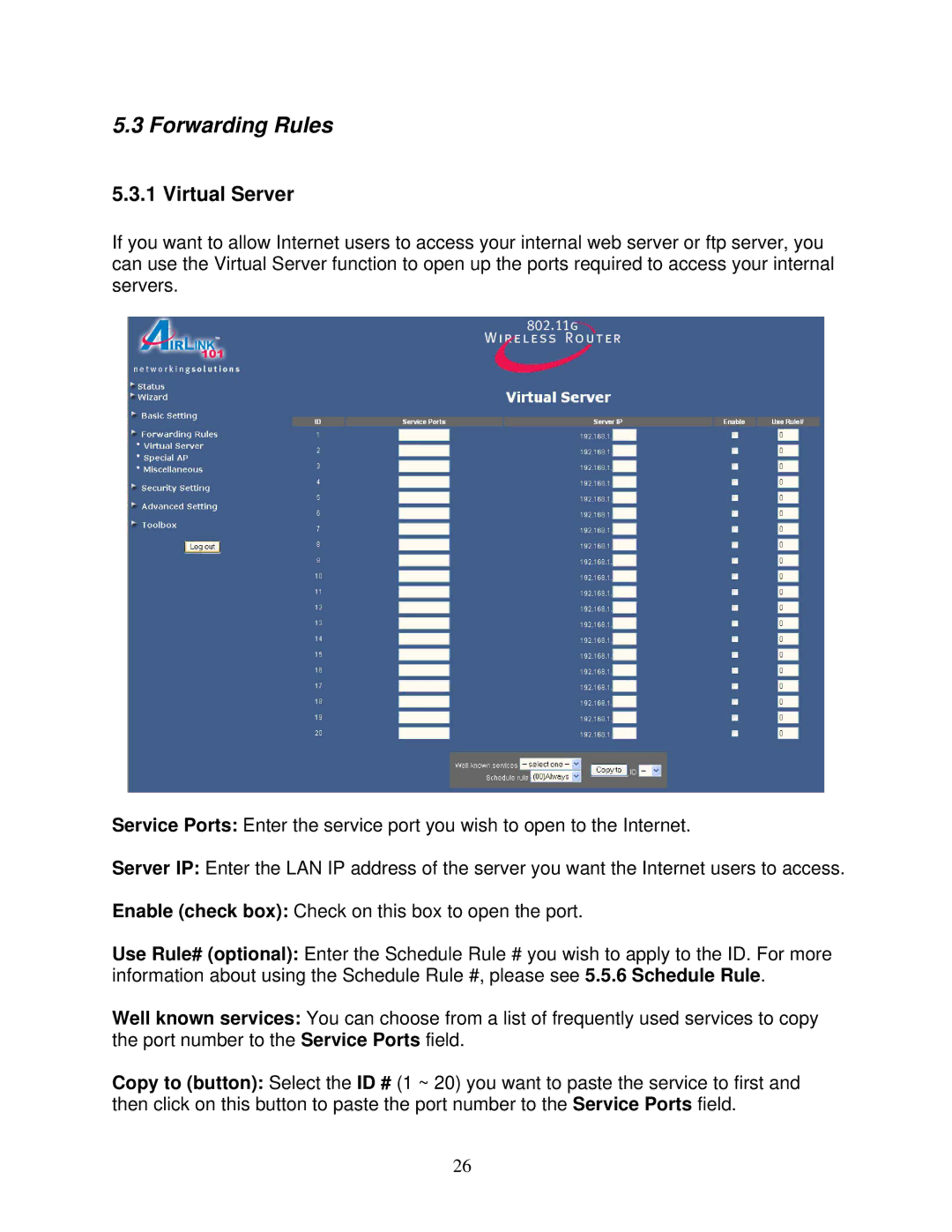 Airlink101 AR325W manual Forwarding Rules, Virtual Server 