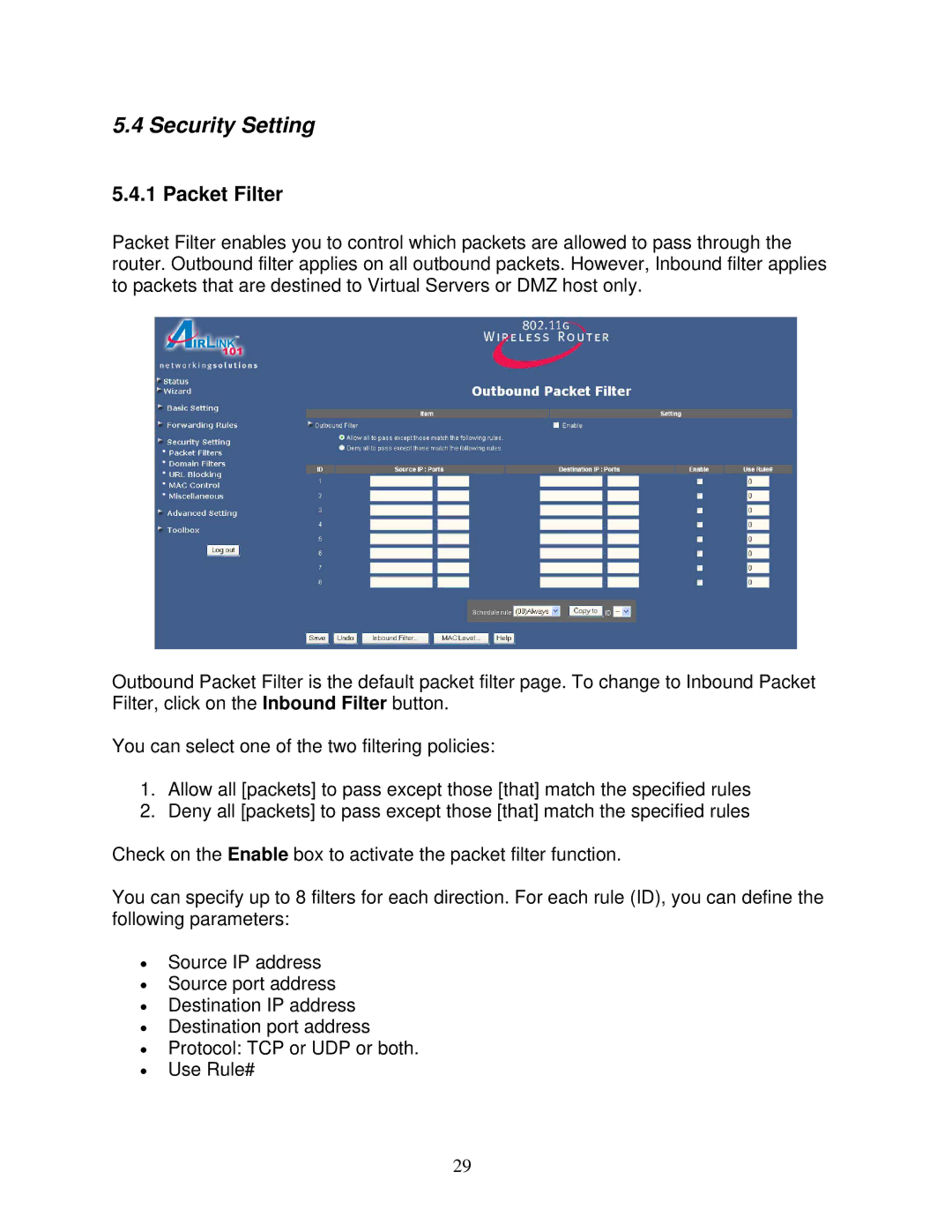 Airlink101 AR325W manual Security Setting, Packet Filter 