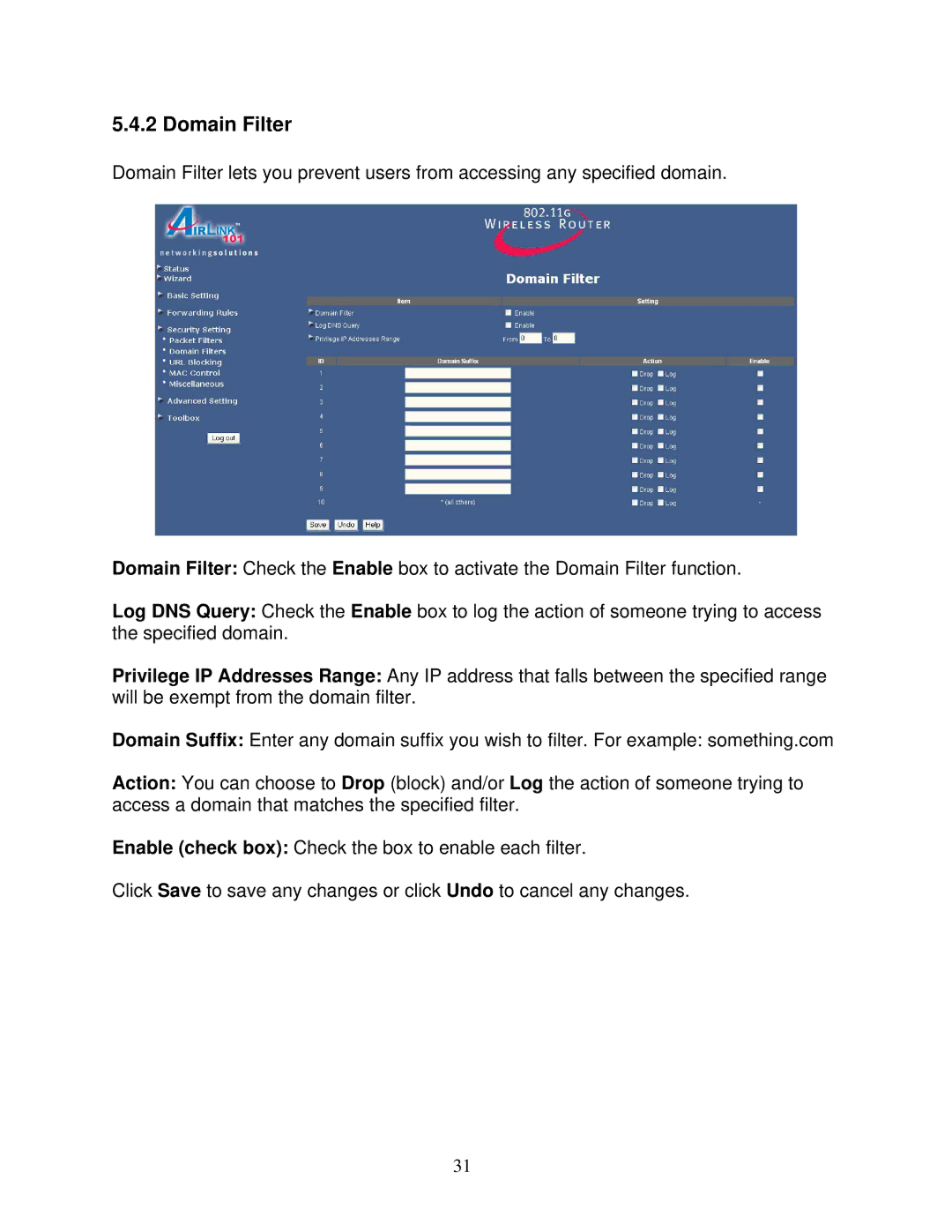 Airlink101 AR325W manual Domain Filter 