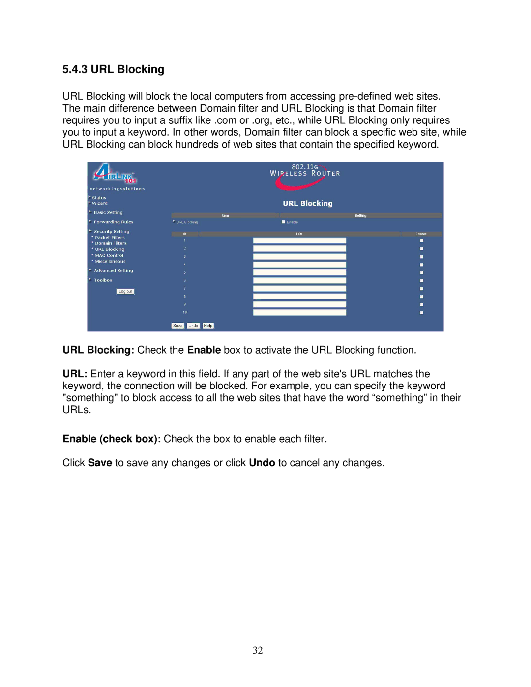 Airlink101 AR325W manual URL Blocking 