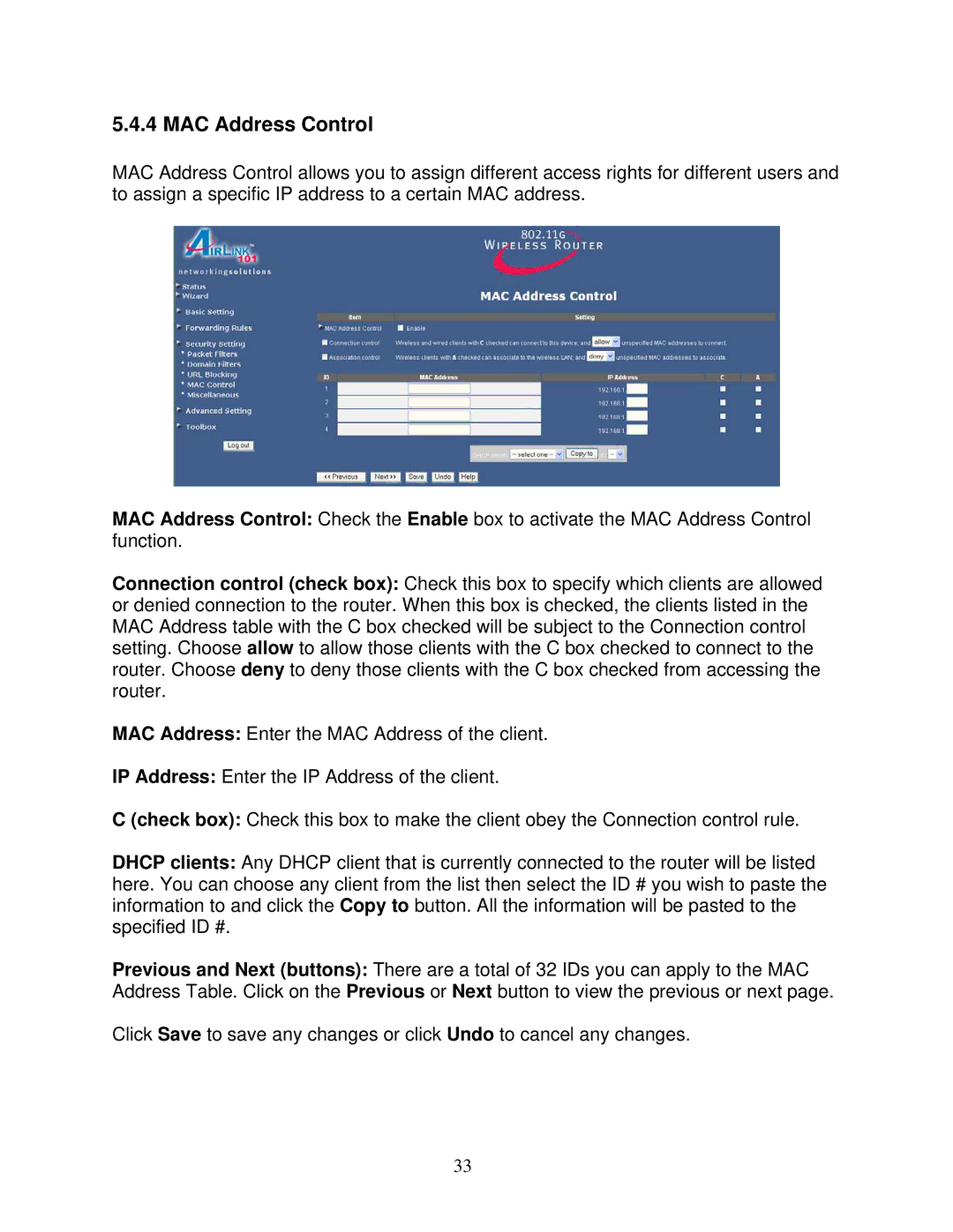 Airlink101 AR325W manual MAC Address Control 