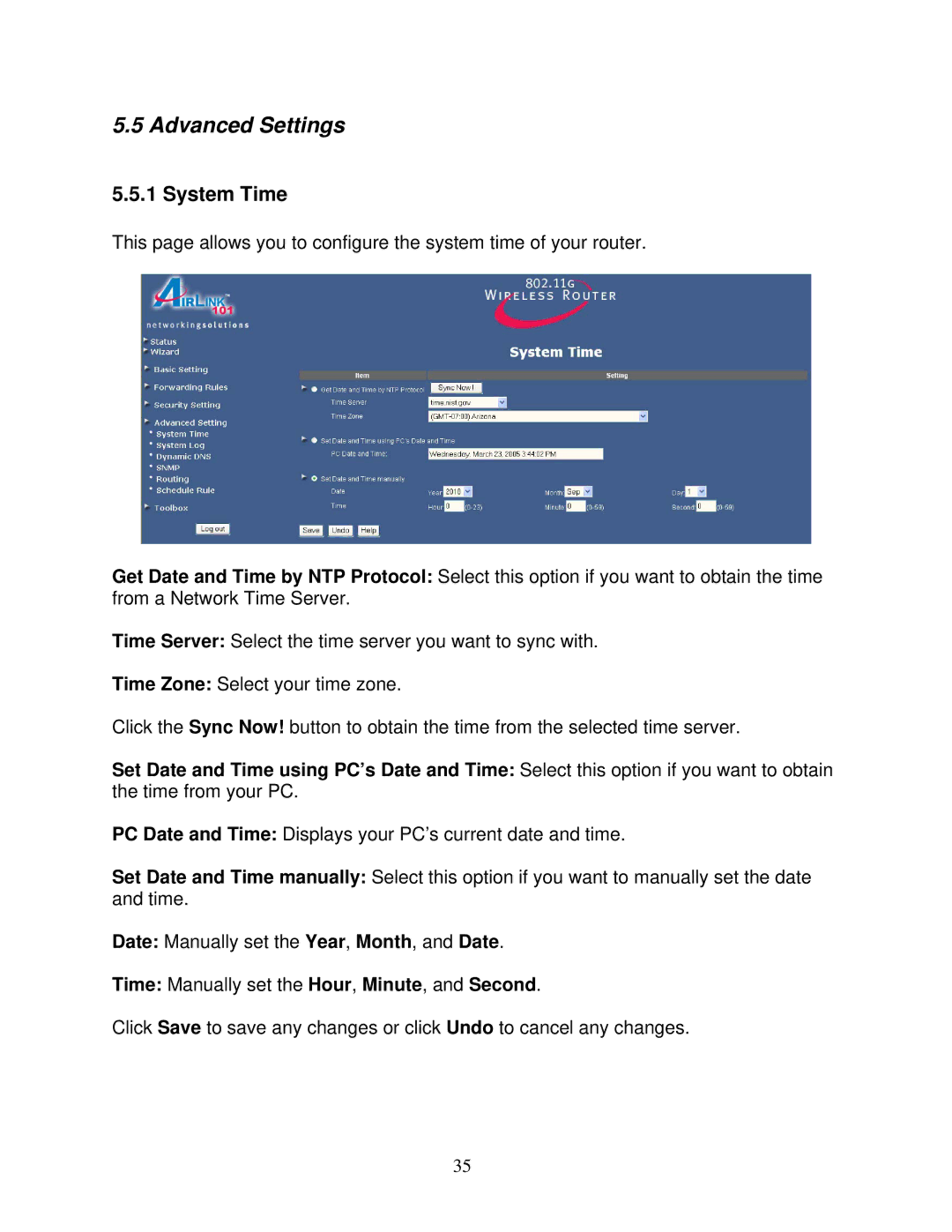 Airlink101 AR325W manual Advanced Settings, System Time 