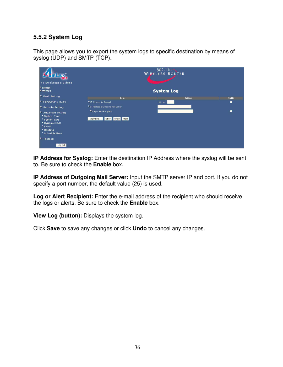 Airlink101 AR325W manual System Log 