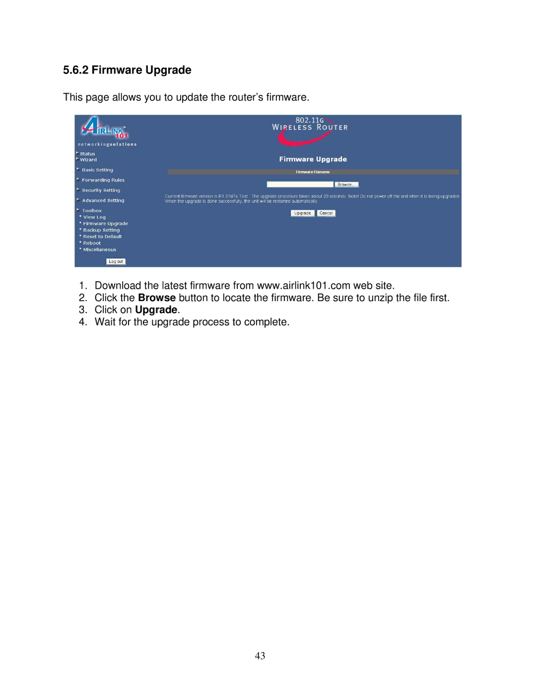 Airlink101 AR325W manual Firmware Upgrade 