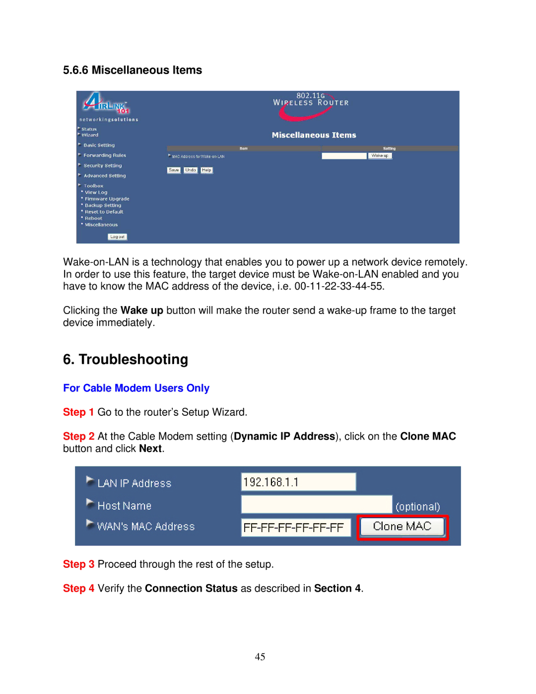 Airlink101 AR325W manual Troubleshooting, For Cable Modem Users Only 