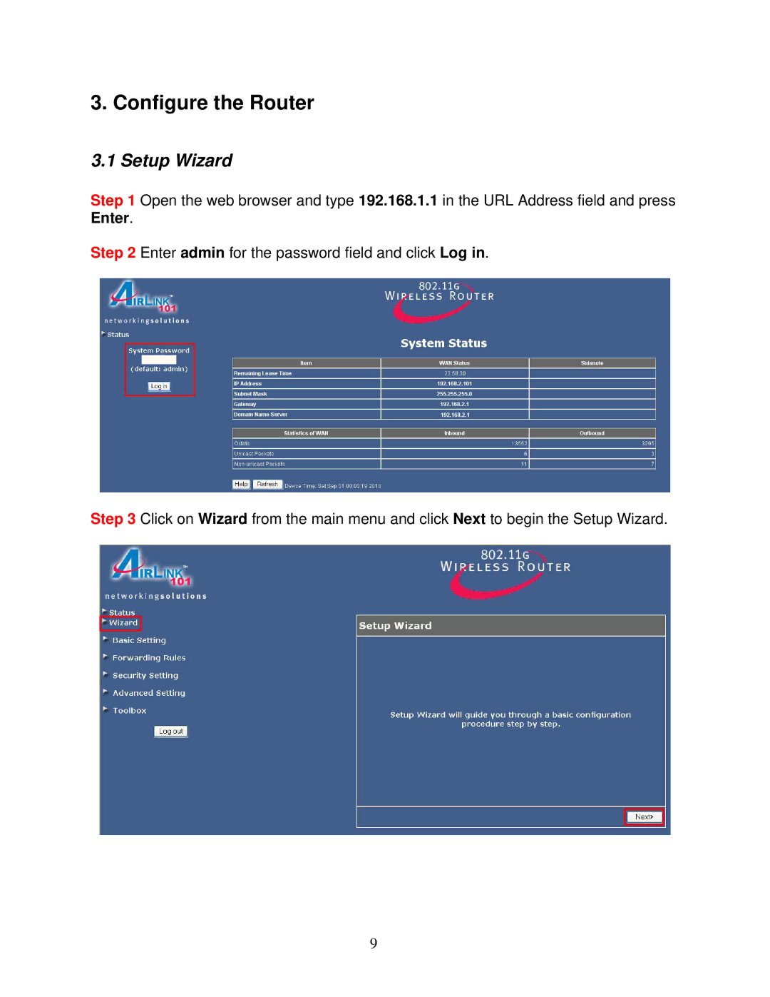 Airlink101 AR325W manual Configure the Router, Setup Wizard 