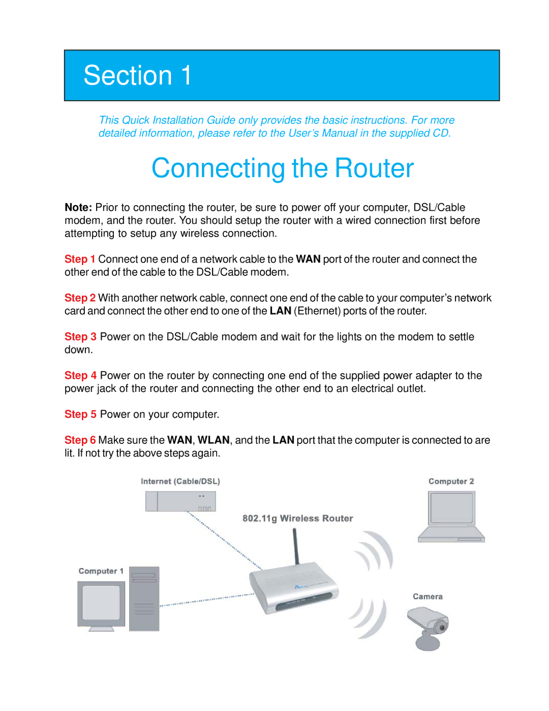 Airlink101 AR335W manual Section, Connecting the Router 