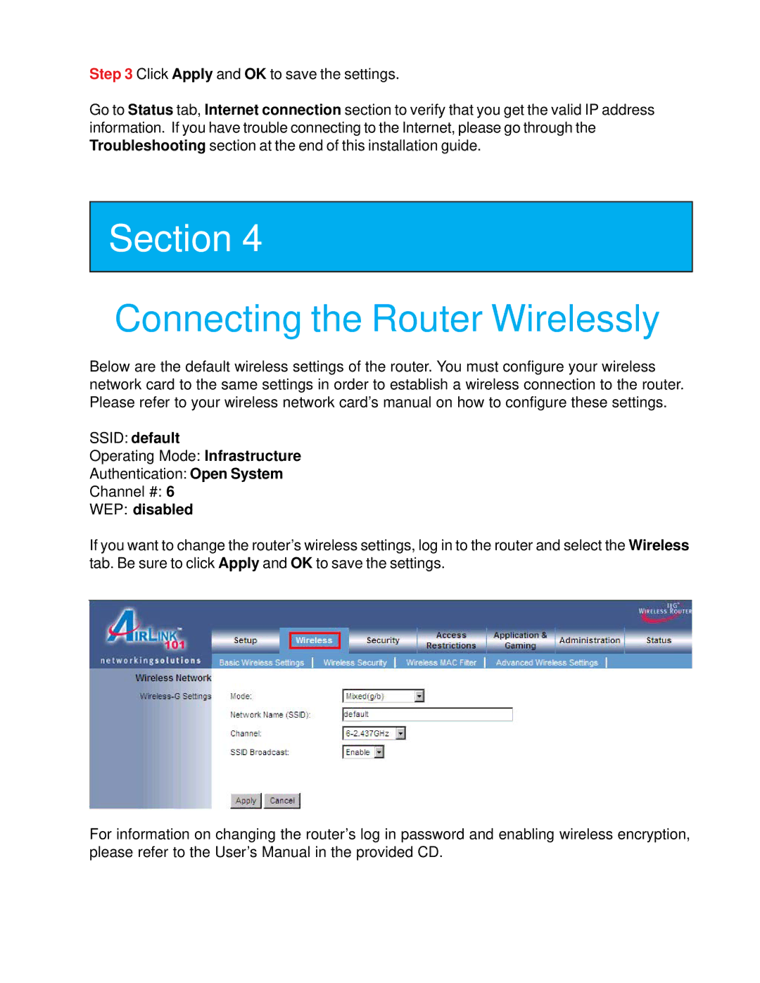 Airlink101 AR335W manual Connecting the Router Wirelessly, WEP disabled 