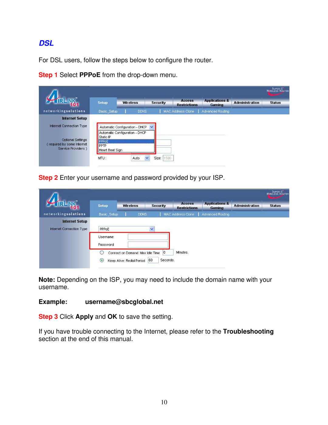 Airlink101 AR420W user manual Dsl, Example username@sbcglobal.net 