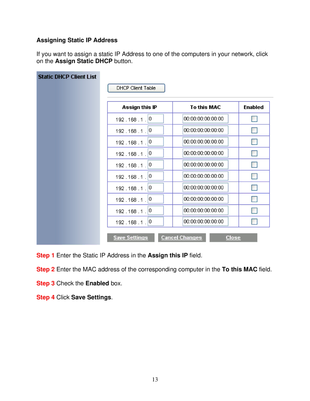 Airlink101 AR420W user manual Assigning Static IP Address, Click Save Settings 