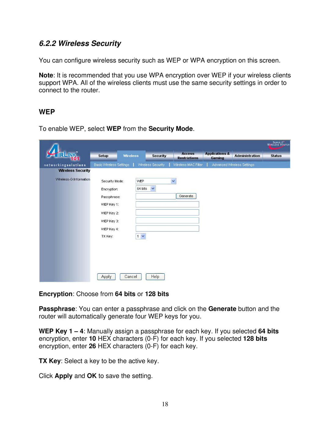 Airlink101 AR420W user manual Wireless Security, Encryption Choose from 64 bits or 128 bits 