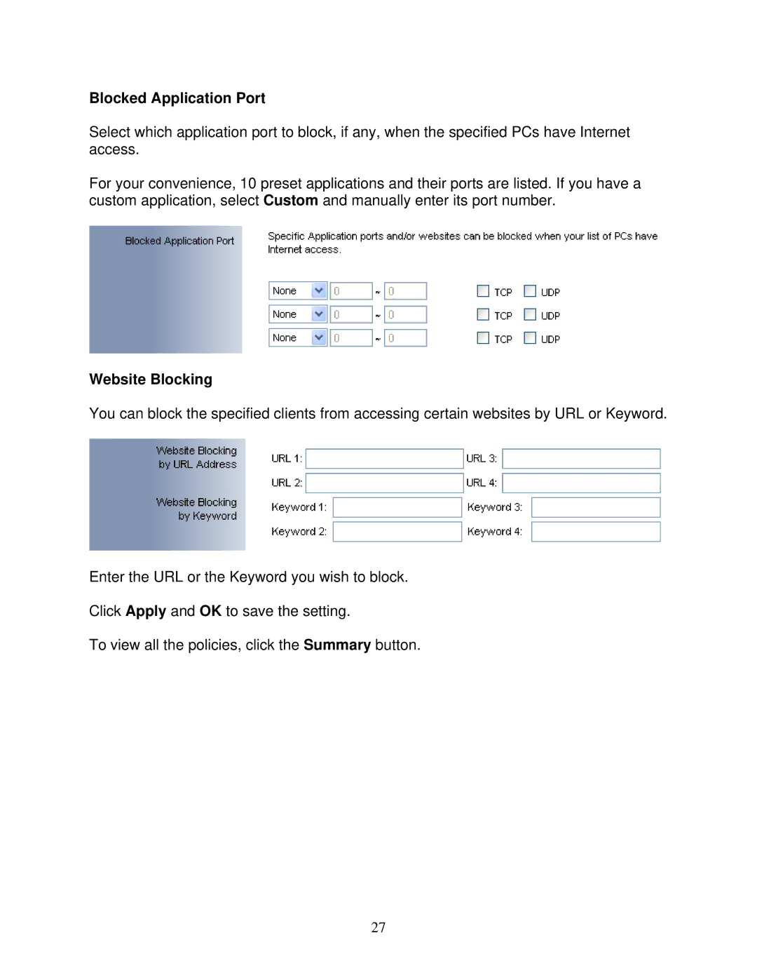 Airlink101 AR420W user manual Blocked Application Port, Website Blocking 