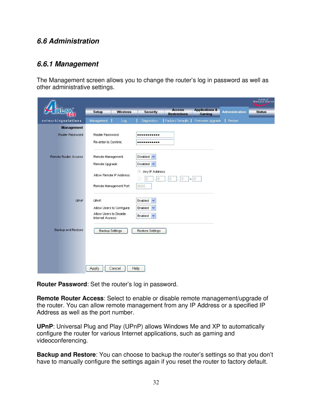 Airlink101 AR420W user manual Administration Management 