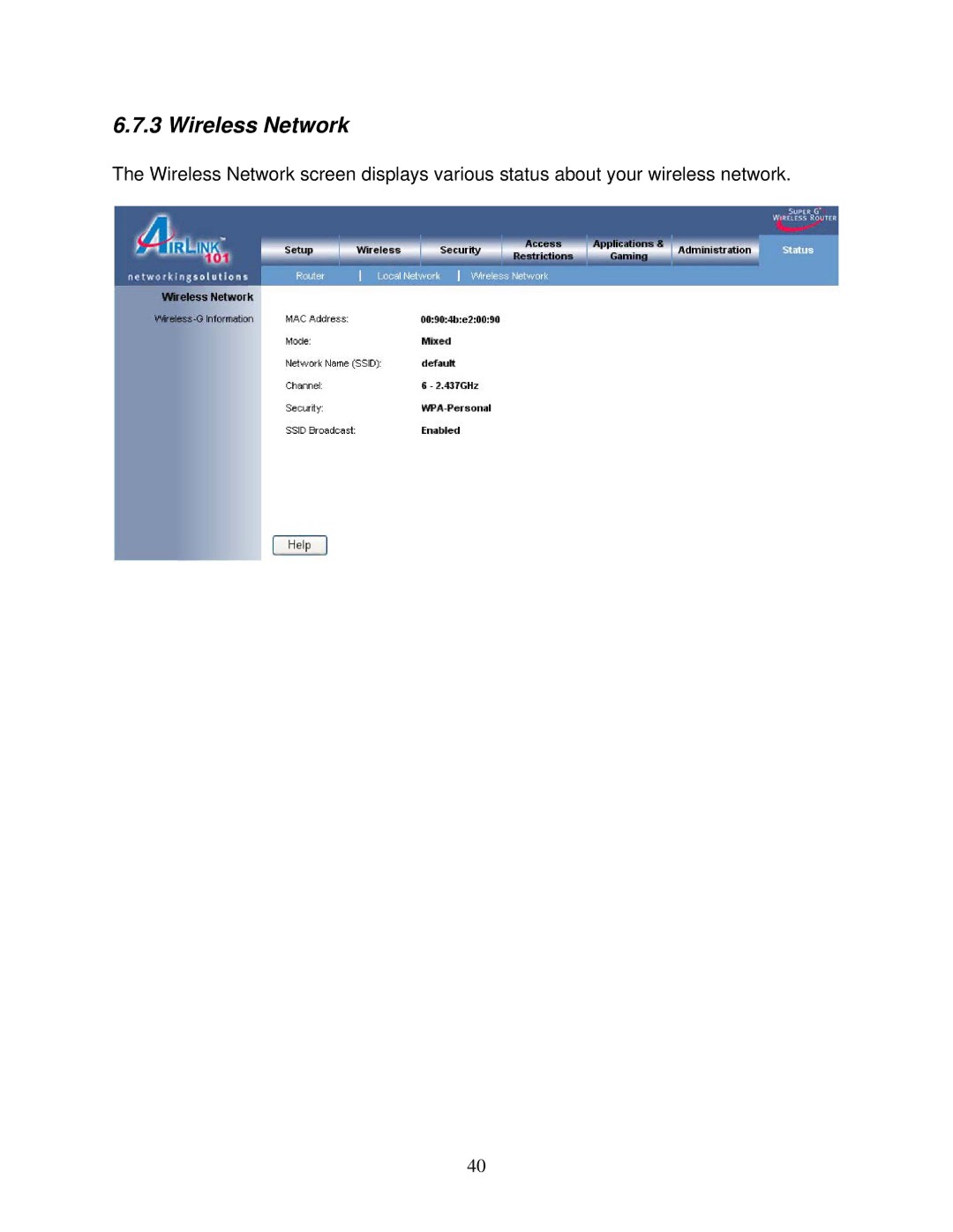 Airlink101 AR420W user manual Wireless Network 