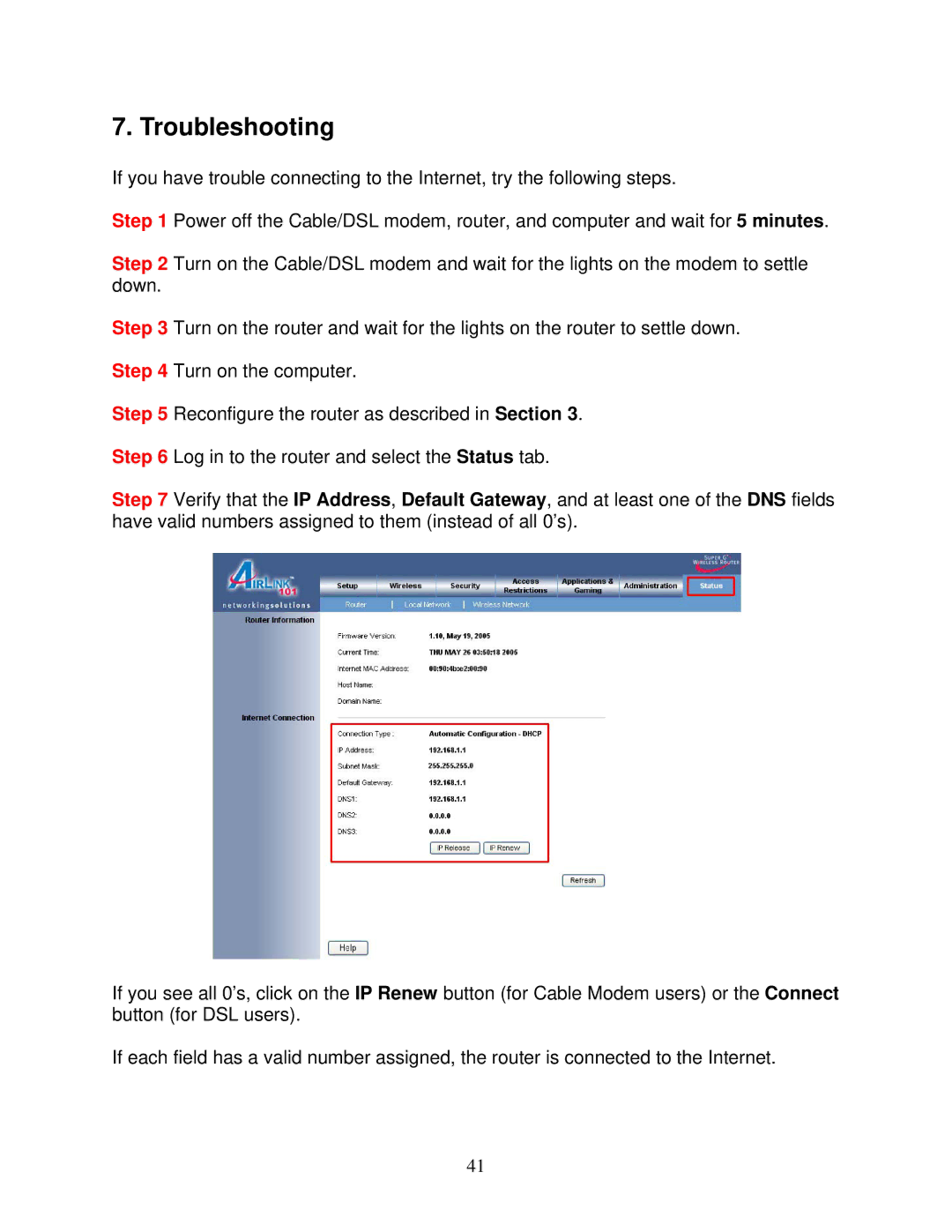 Airlink101 AR420W user manual Troubleshooting 