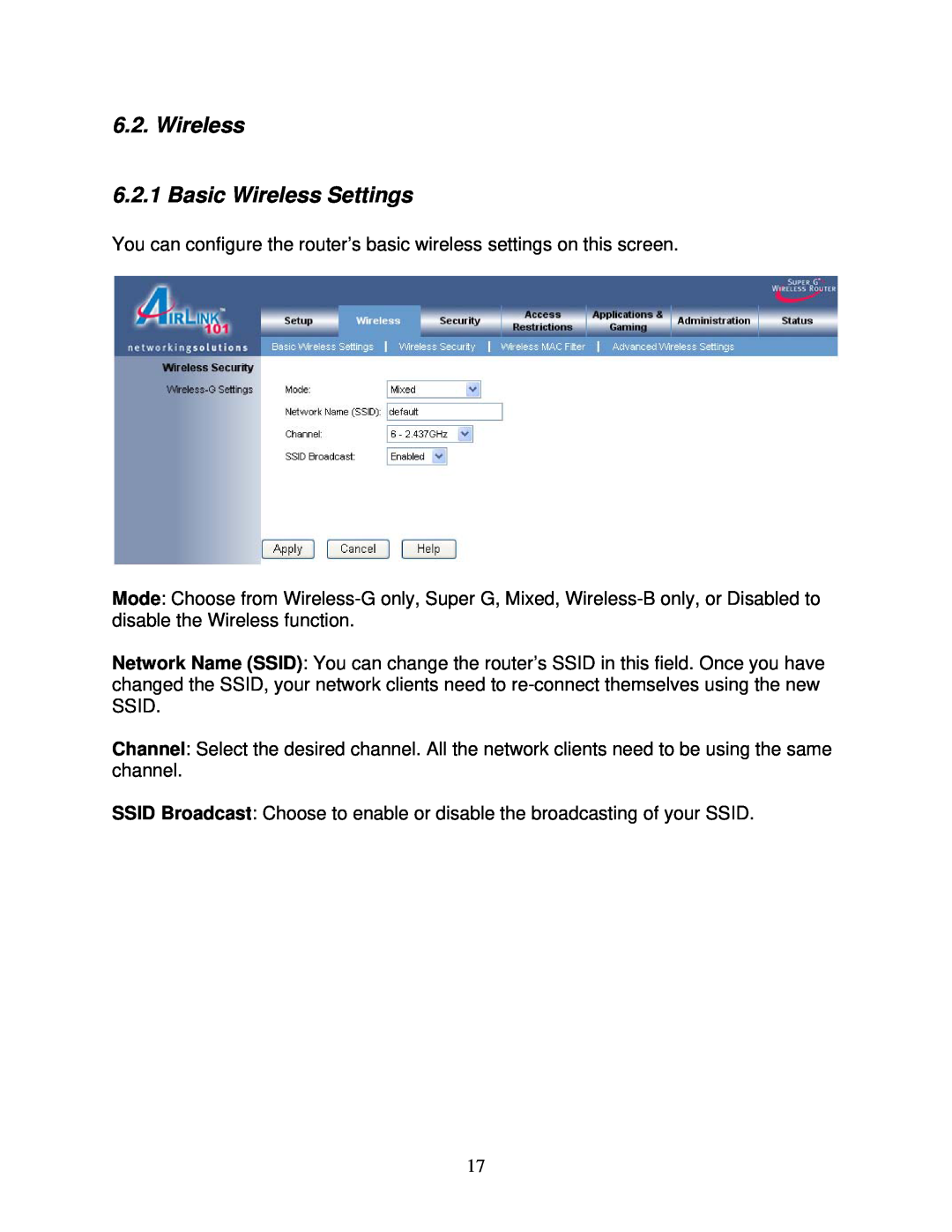 Airlink101 AR420W user manual Wireless 6.2.1 Basic Wireless Settings 