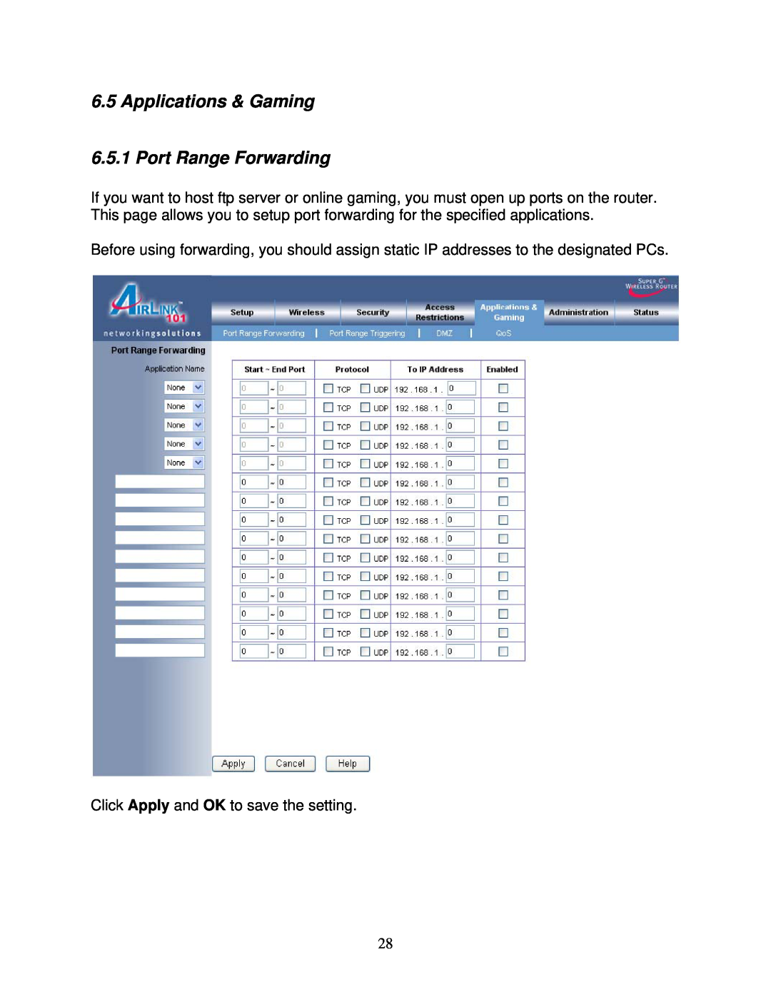 Airlink101 AR420W user manual Applications & Gaming 6.5.1 Port Range Forwarding 