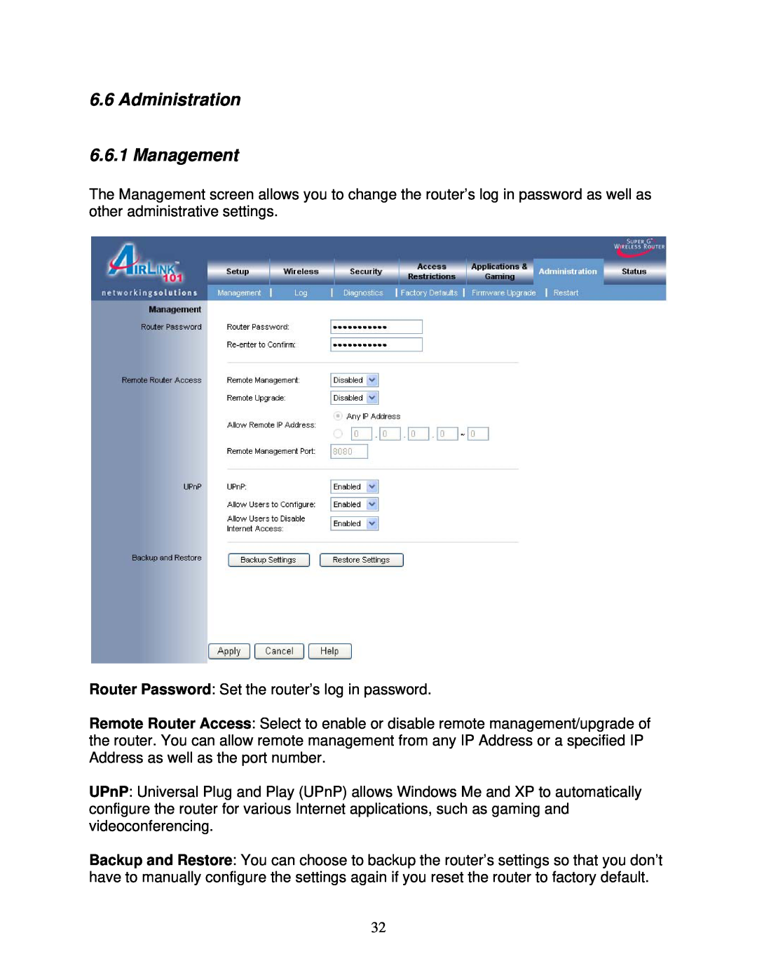 Airlink101 AR420W user manual Administration 6.6.1 Management 